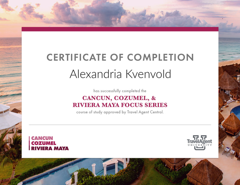 certificate of completion training for Cancun, Cozumel and Riviera Maya through travel agent university